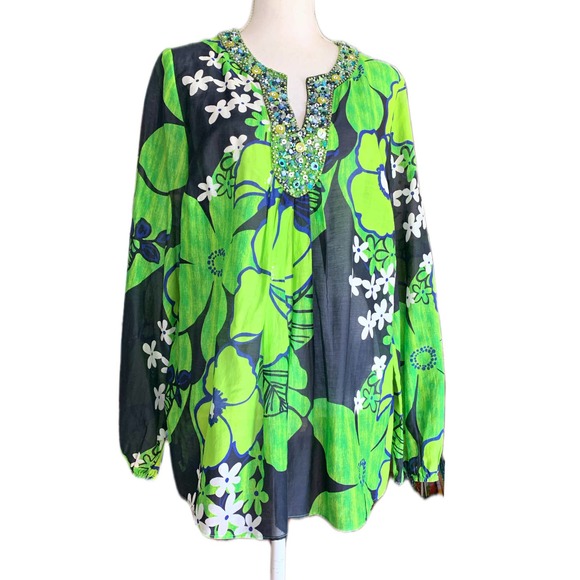 Lafayette 148 Green Mod Floral Print Beaded Tunic - Picture 1 of 15